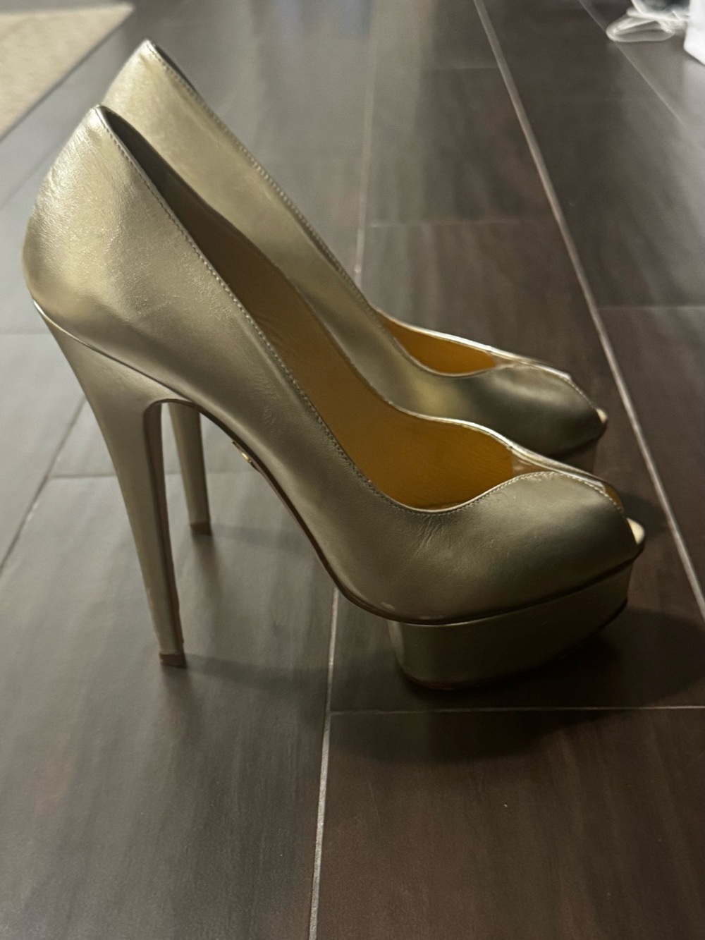 Charlotte Olympia Metallic Gold Peep-Toe Platform Pumps